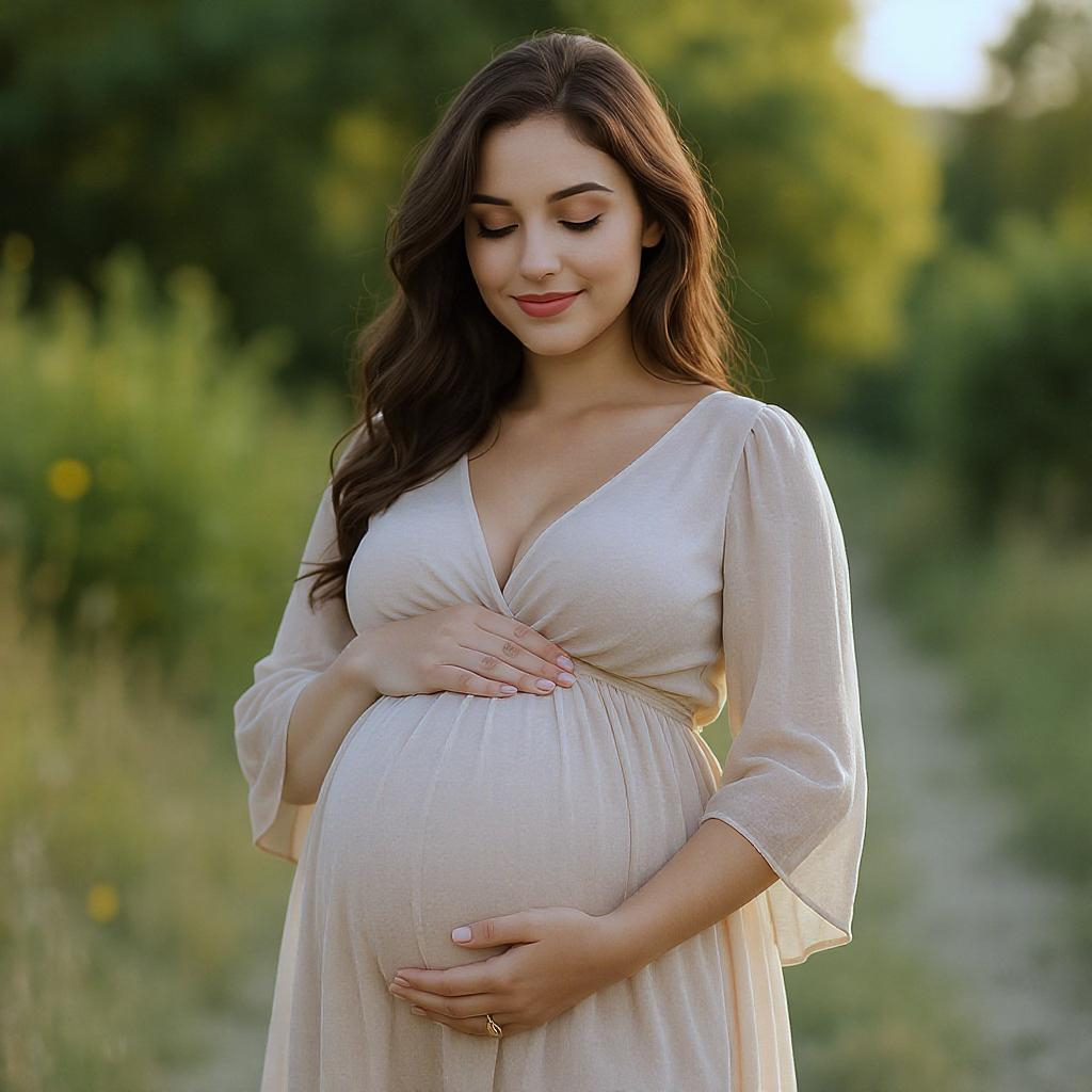 Future maman en robe claire posant dans un chemin verdoyant, sourire serein et mains sur le ventre