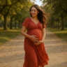 Femme enceinte marchant dans un parc en robe rouge fluide, lumière dorée et naturelle à Lyon