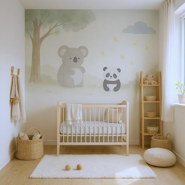 tableau appaisant chambre bébé berceau rotin tableau panda koala tapis étagere
