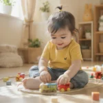 Enfant petite fille de 2 ans jouant avec un premier train en bois coloré sur un circuit simple