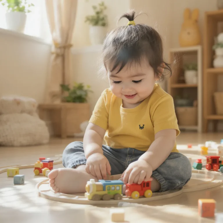 Enfant petite fille de 2 ans jouant avec un premier train en bois coloré sur un circuit simple