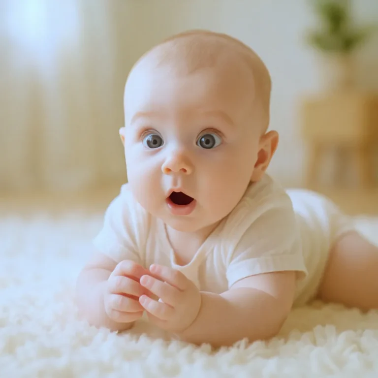 Bébé de trois mois qui observe ses petites mains avec émerveillement sur un tapis doux.