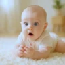 Bébé de trois mois qui observe ses petites mains avec émerveillement sur un tapis doux.
