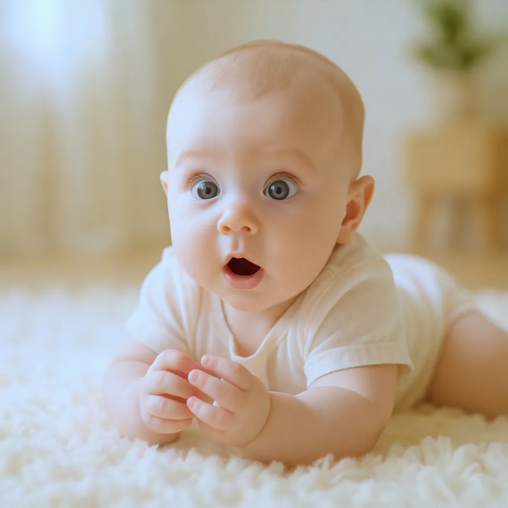 Bébé de trois mois qui observe ses petites mains avec émerveillement sur un tapis doux.