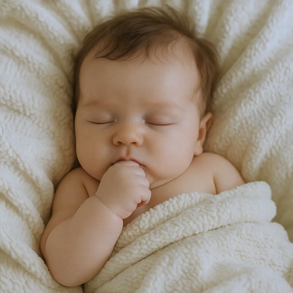 Bébé apaisé de quatre mois qui suce son pouce en dormant avec tendresse.