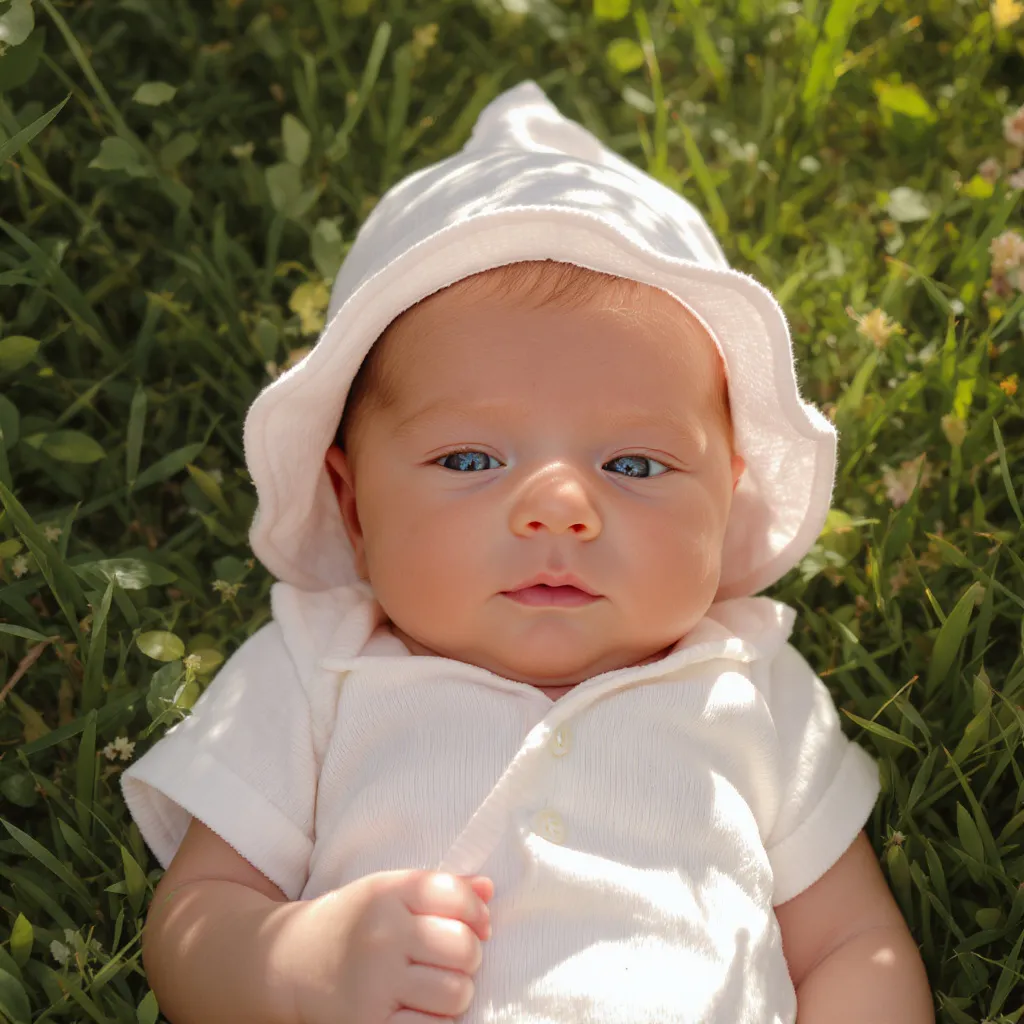 Bébé habillé léger en été, body court et petit chapeau protecteur