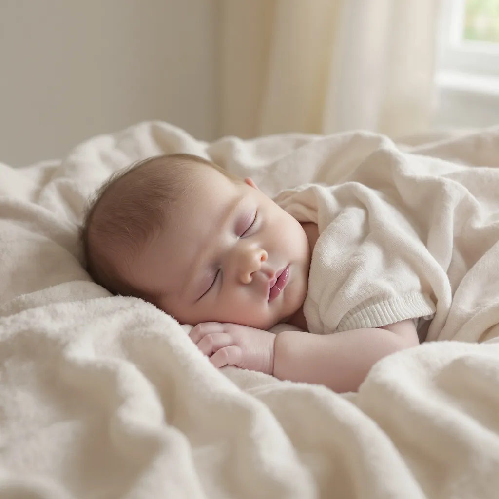 Nouveau-né habillé simplement, paisiblement installé sur une couverture douce