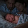 un bébé de un mois qui dort paisiblement sur le lit et des parents qui hésitent à le réveiller pour lui donner à manger