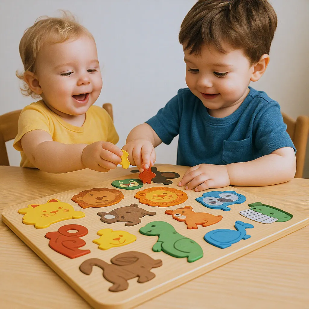Puzzle en bois d’animaux avec de grosses pièces, garçon de 2 ans en train de placer une pièce.