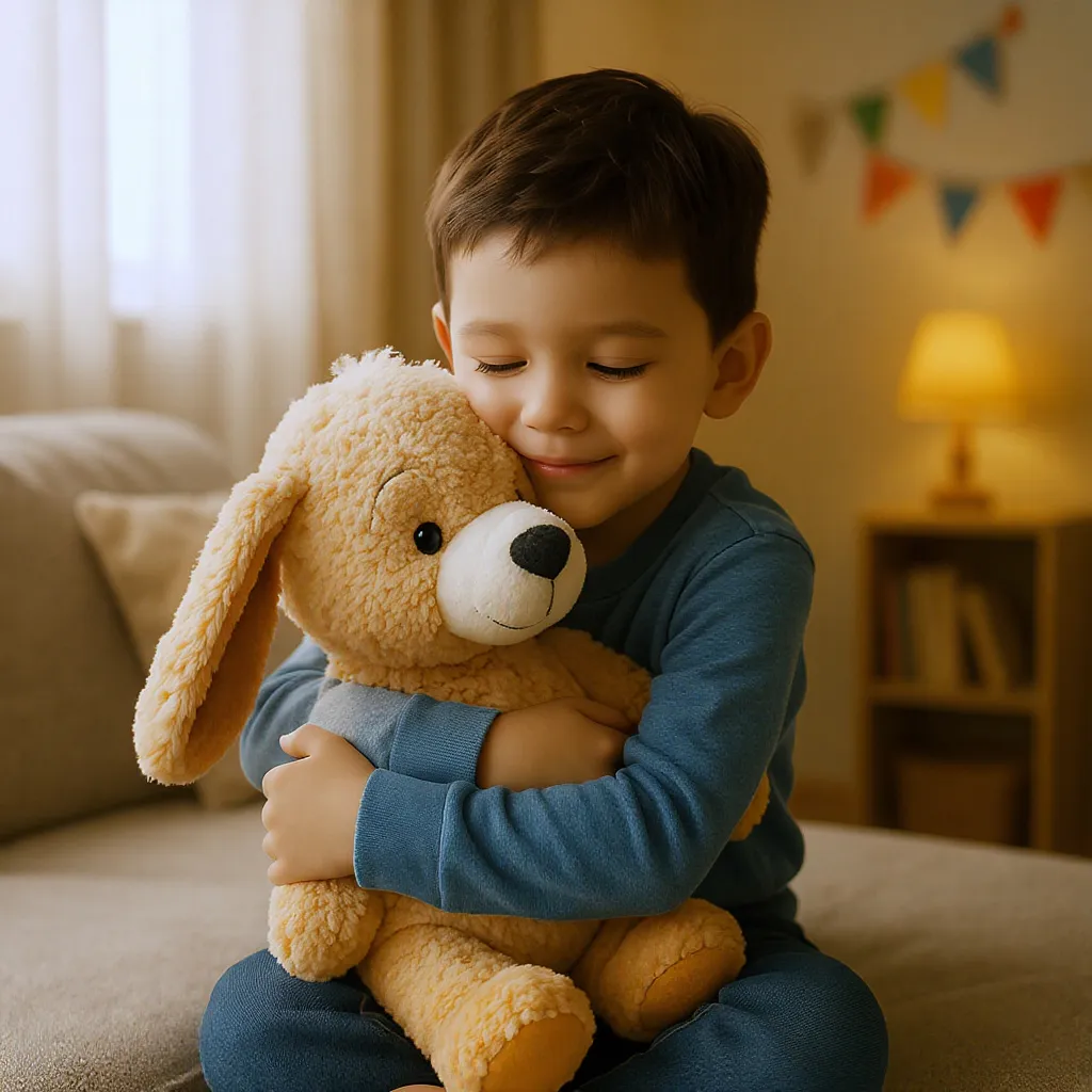 Petit garçon câlinant une peluche interactive douce, décor de chambre enfant chaleureuse.