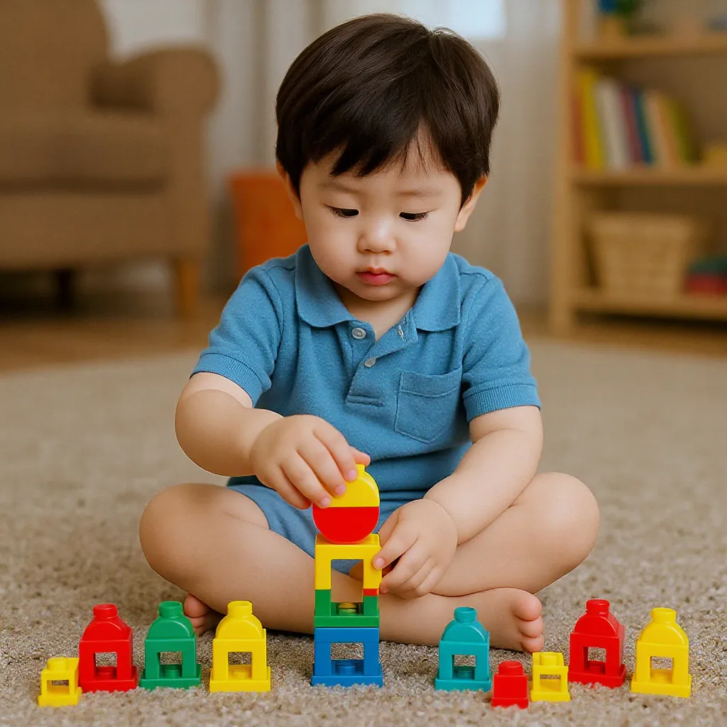 Garçon de 2 ans assis au sol, empilant des blocs de construction colorés type Duplo®.