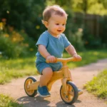 bébé de 2 ans très heureux de son cadeau draisienne à l'extérieur