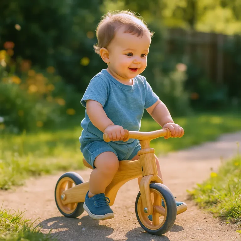 bébé de 2 ans très heureux de son cadeau draisienne à l'extérieur