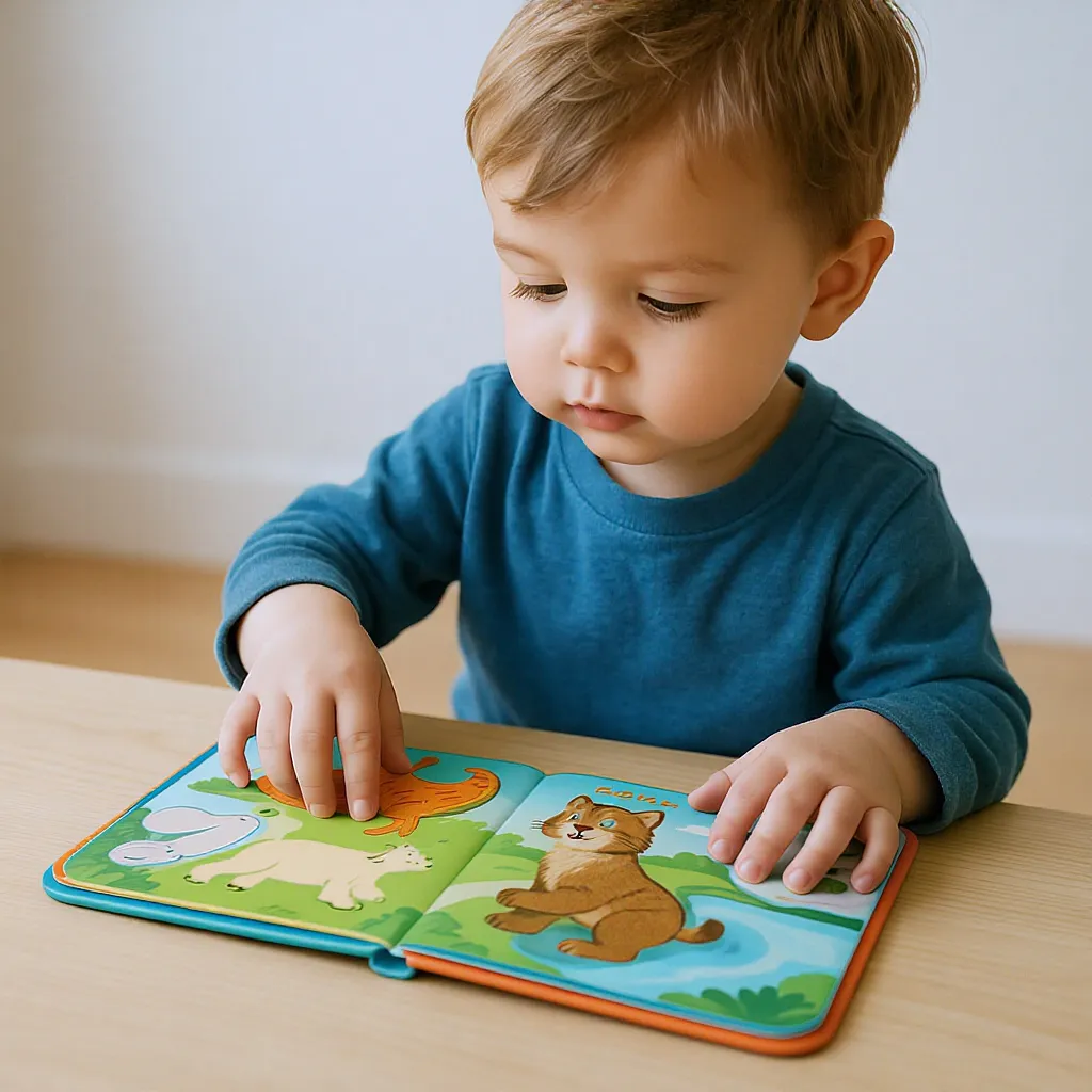 Garçon de 2 ans feuilletant un livre cartonné coloré avec illustrations d’animaux.