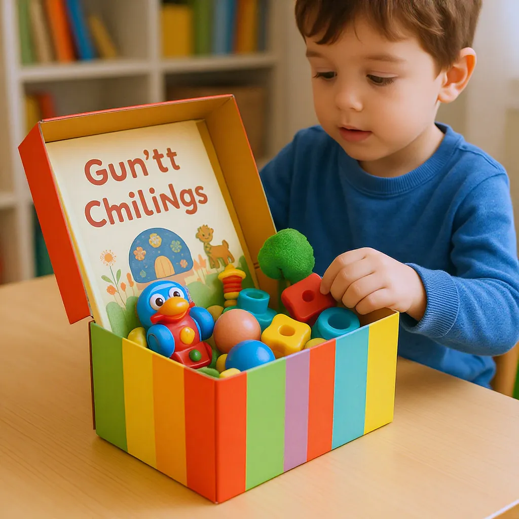 Coffret cadeau coloré avec jouets éducatifs et livre, posé sur une table enfant, petit garçon curieux qui l’ouvre.