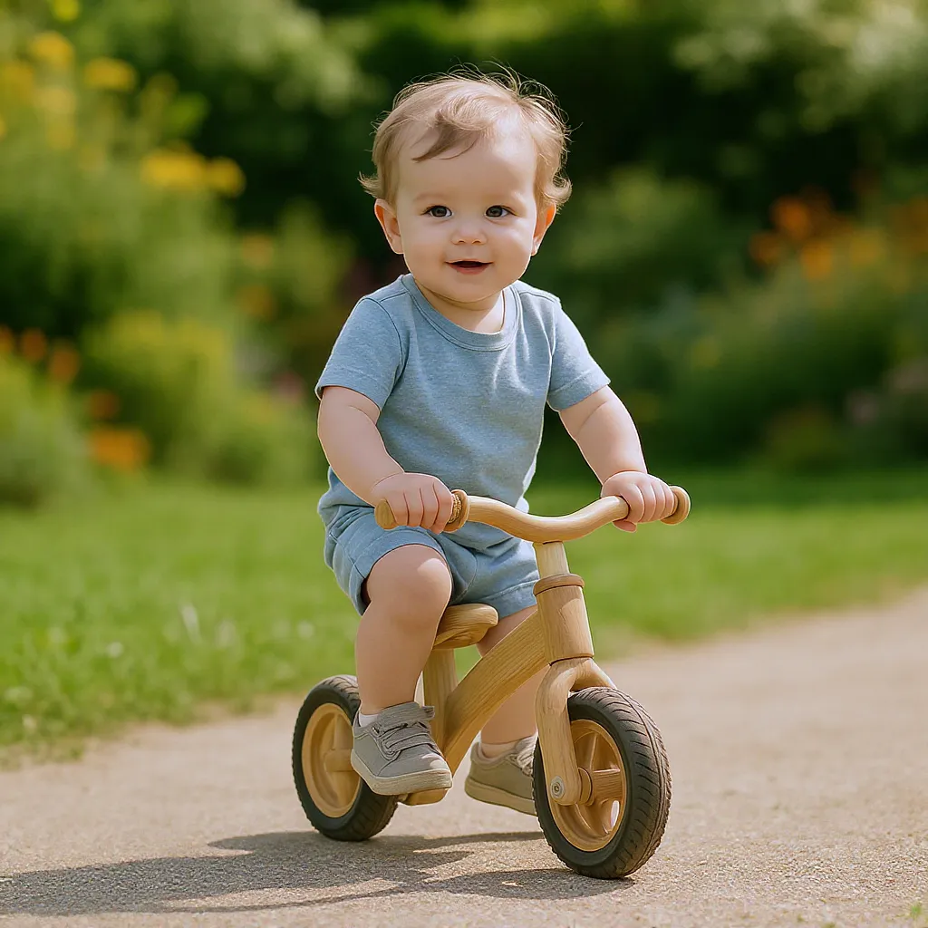 Petit garçon de 2 ans sur une draisienne en bois dans un jardin ensoleillé.