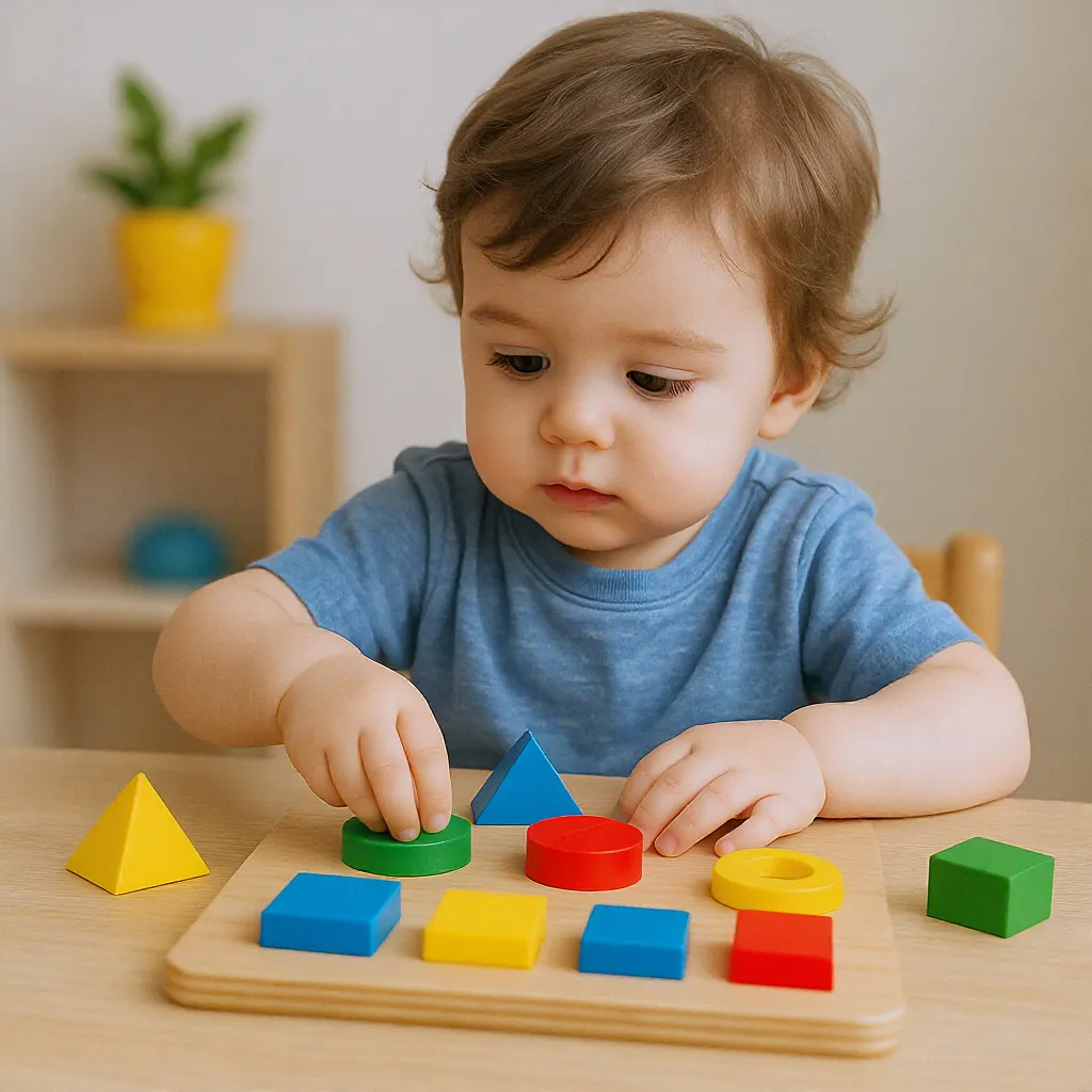 Jeu éducatif en bois coloré avec formes géométriques, garçon de 2 ans concentré en train de jouer.