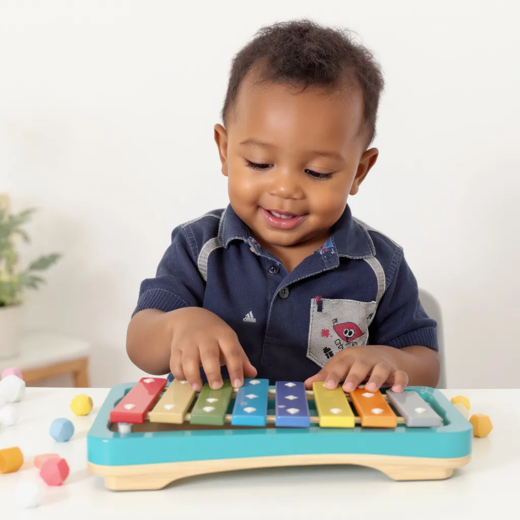 Garçon de 2 ans jouant joyeusement d’un petit xylophone coloré posé devant lui.