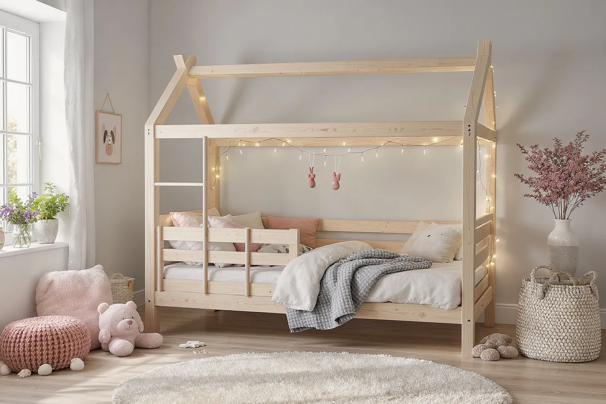 Chambre enfant avec lit cabane en bois clair et ambiance scandinave rassurante pour favoriser un sommeil apaisé.