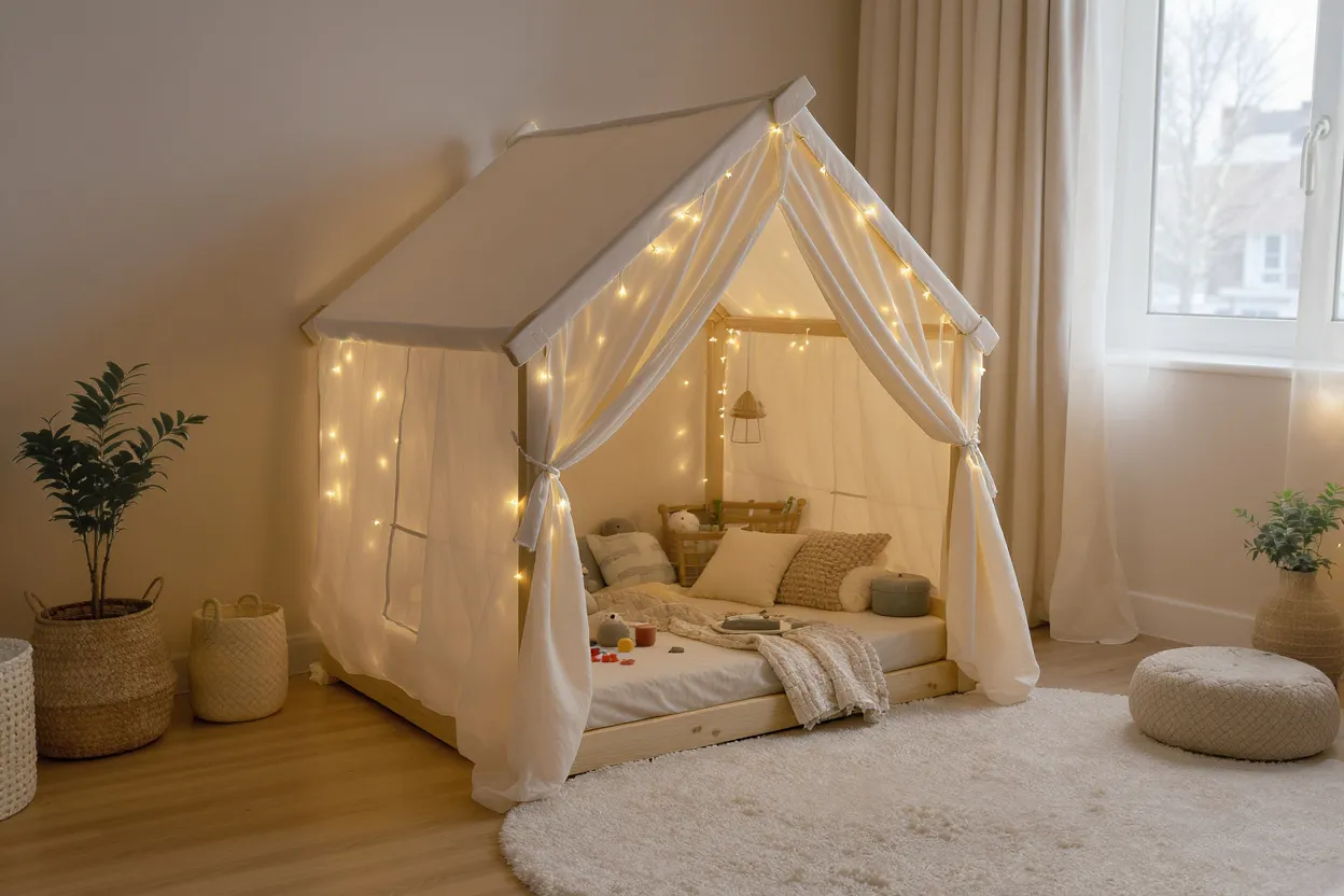 Lit cabane Montessori bas avec voilage et lumières douces, conçu pour stimuler l’autonomie et rassurer l’enfant.
