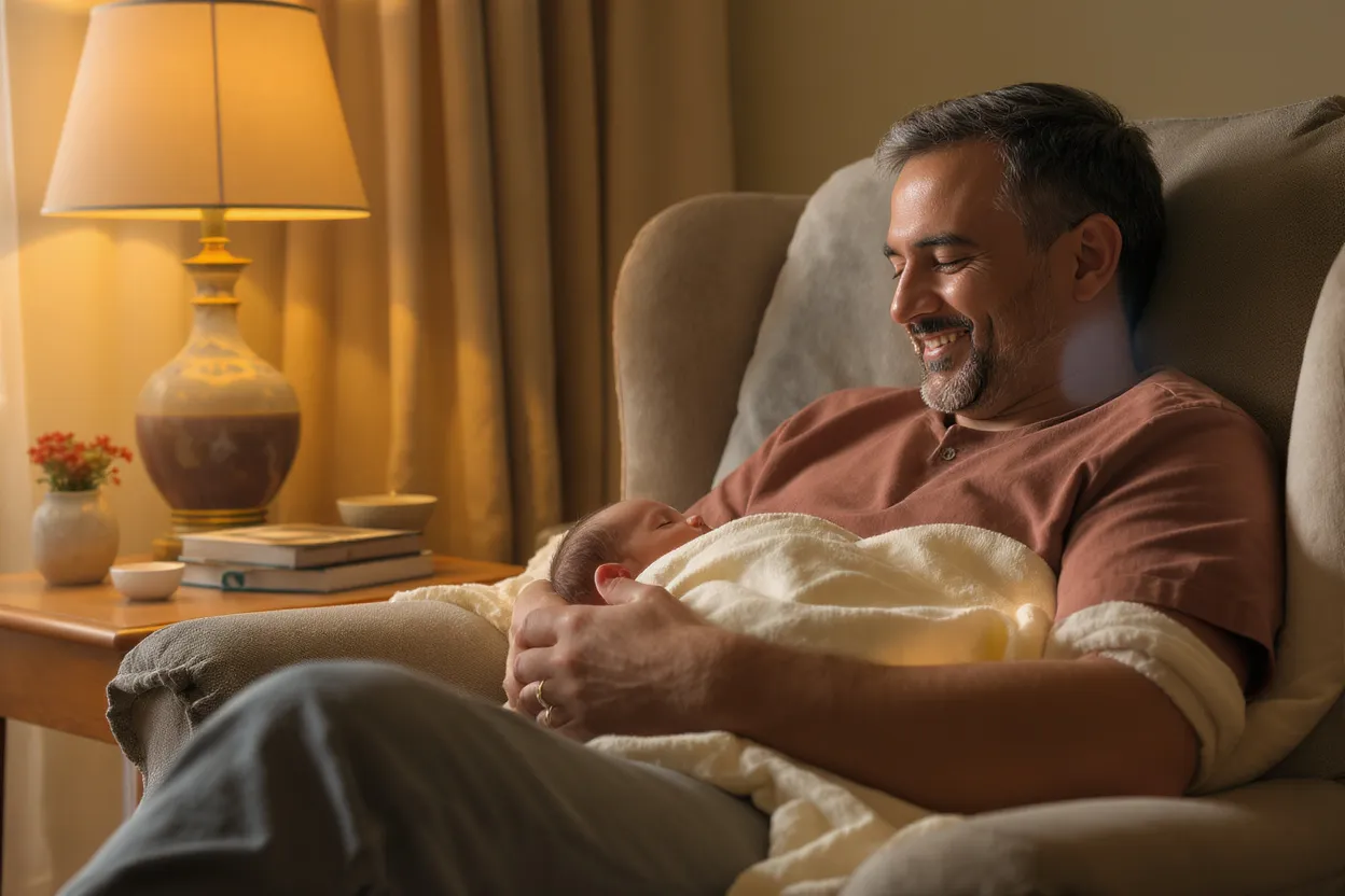 Parent berçant son bébé dans un fauteuil, ambiance calme et rassurante.