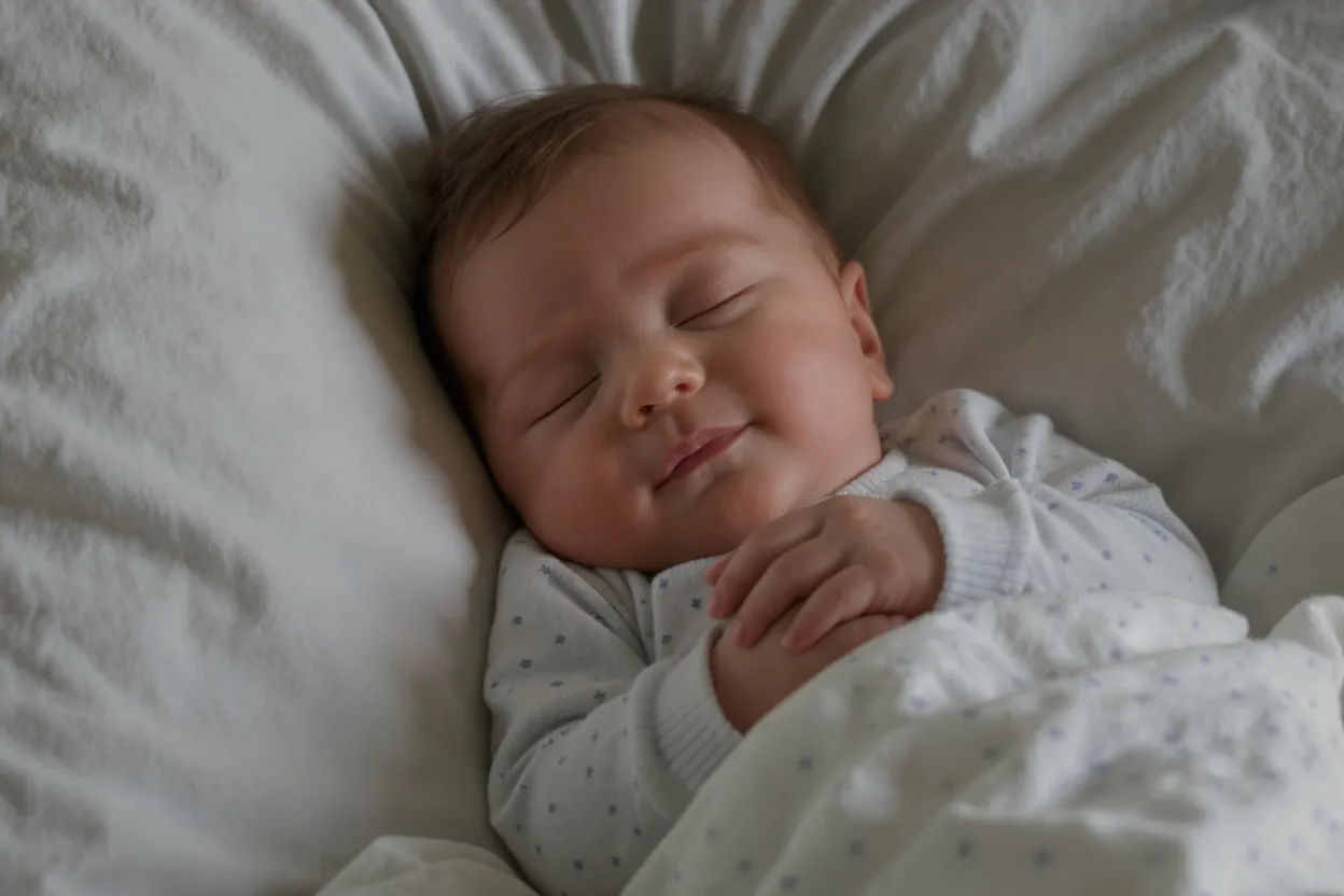 Bébé profondément endormi, en pyjama, tenant son doudou dans son lit, ambiance paisible et rassurante.