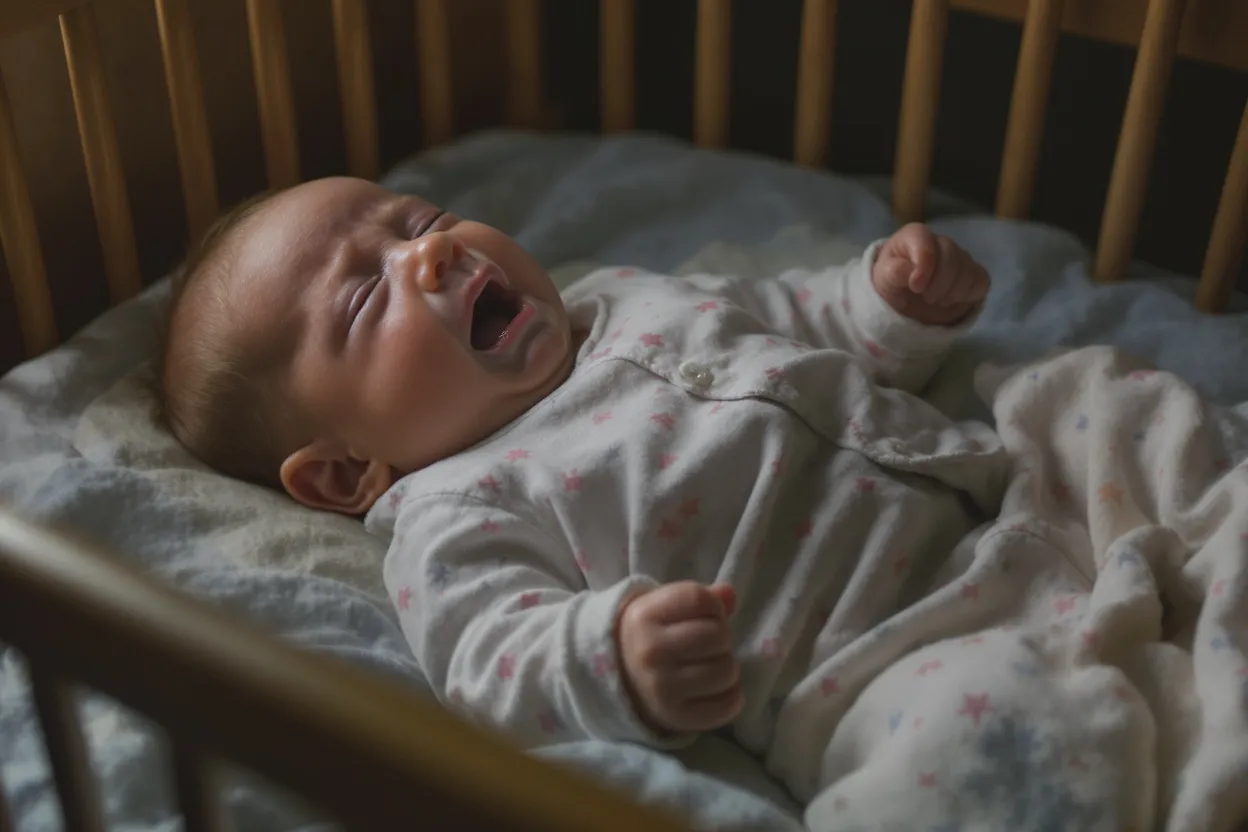 Bébé en pleurs dans son berceau sous une lumière tamisée.