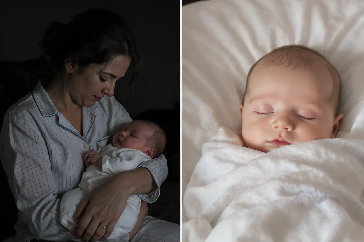 Collage montrant une maman fatiguée avec son bébé éveillé à gauche et le même bébé endormi paisiblement à droite.
