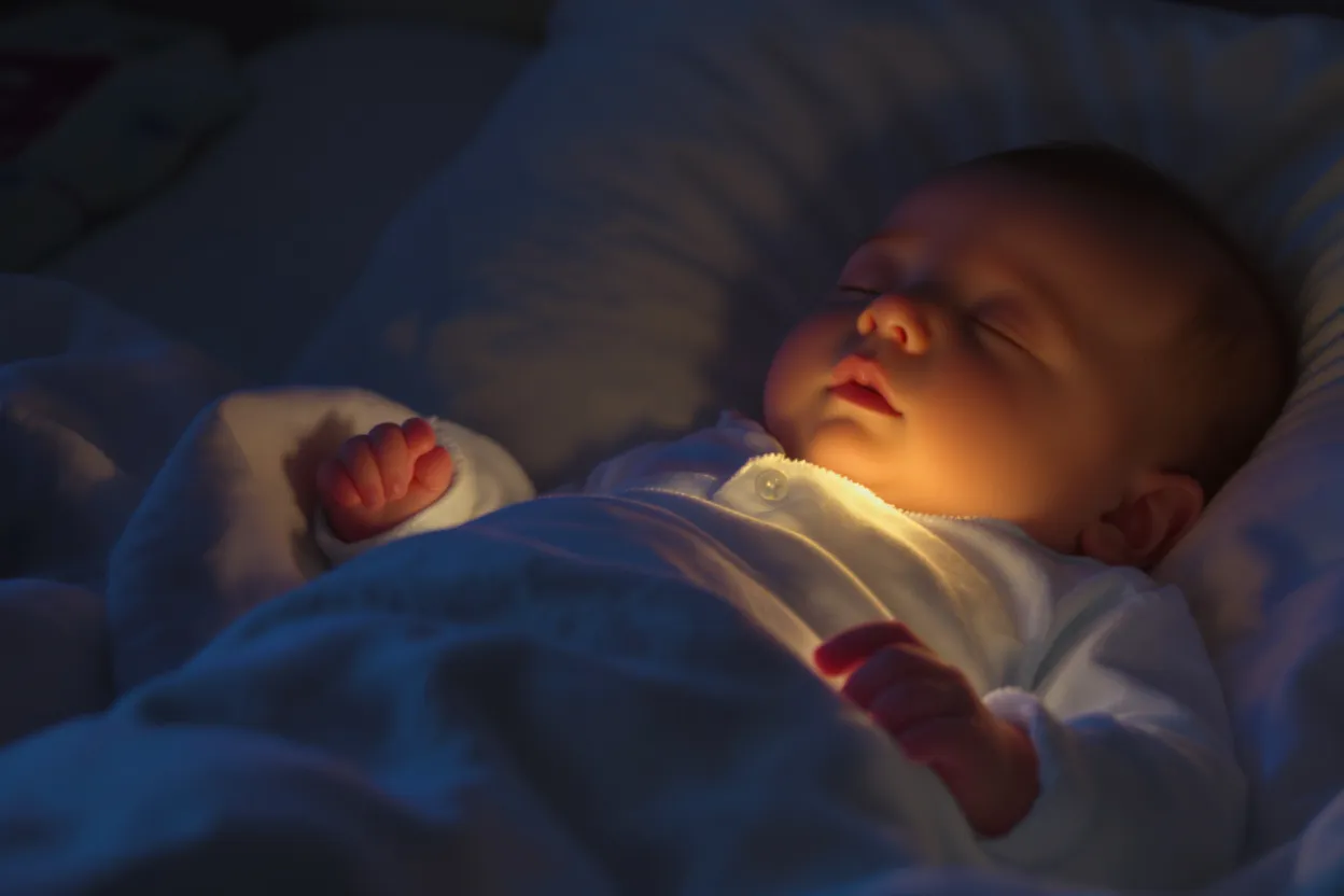 Bébé en pyjama paisible allongé dans son lit près d’une veilleuse.