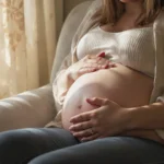 Femme enceinte en fin de grossesse assise confortablement, main posée sur le ventre, atmosphère rassurante