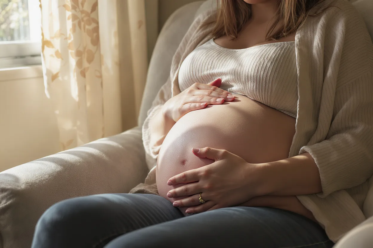 Femme enceinte en fin de grossesse assise confortablement, main posée sur le ventre, atmosphère rassurante