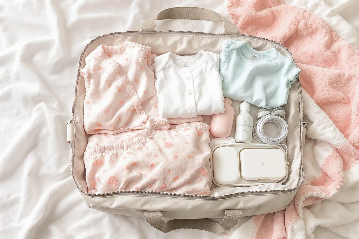 Valise de maternité ouverte avec vêtements de bébé, couverture et affaires essentielles bien organisées