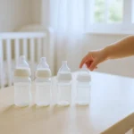 Quatre biberons de petite taille alignés sur une table en bois clair avec la main d’un bébé qui s’en approche.