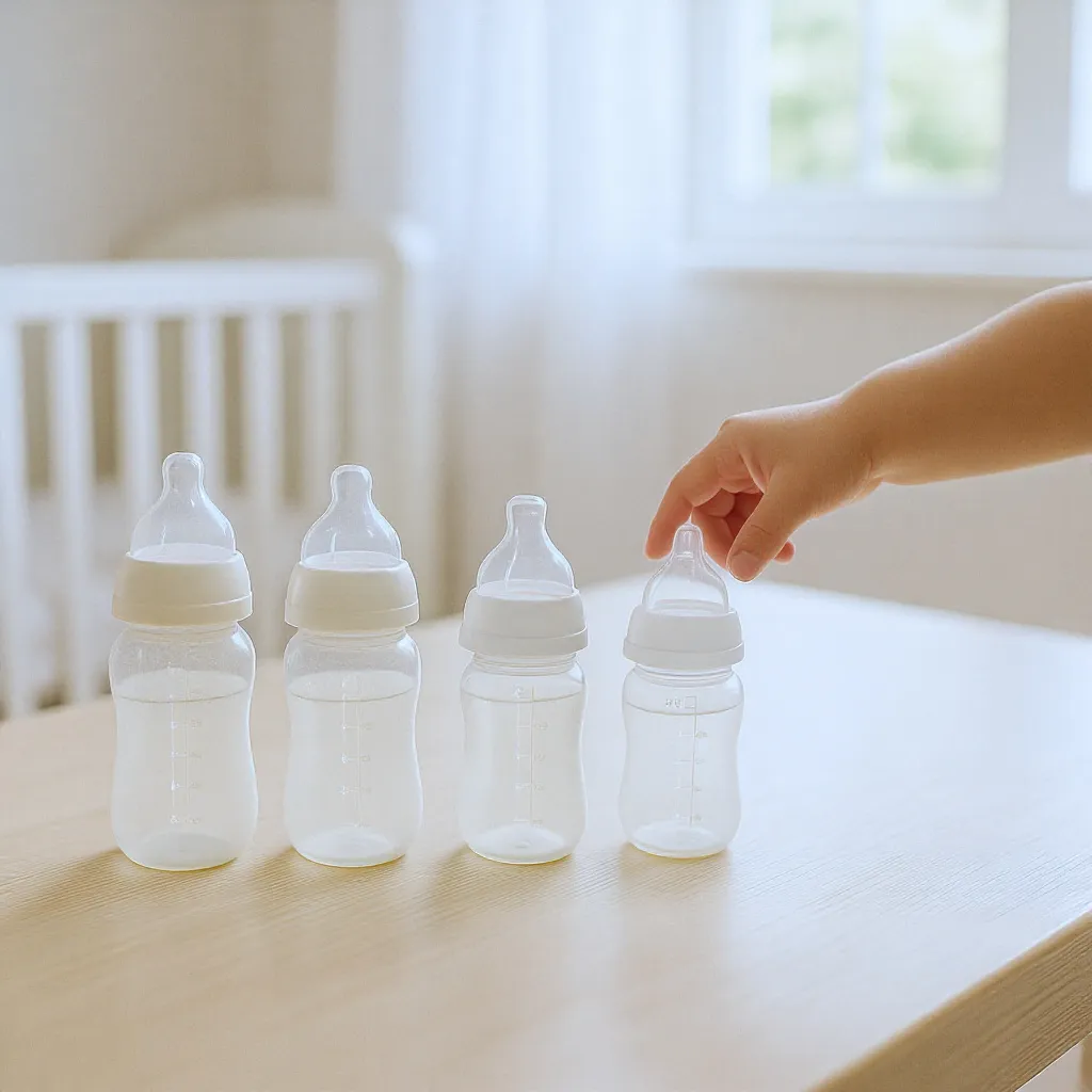 Quatre biberons de petite taille alignés sur une table en bois clair avec la main d’un bébé qui s’en approche.