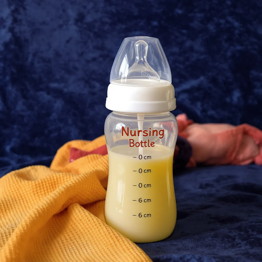 Biberon rempli de lait maternisé posé sur un plaid jaune à côté de la main d’un nourrisson endormi.