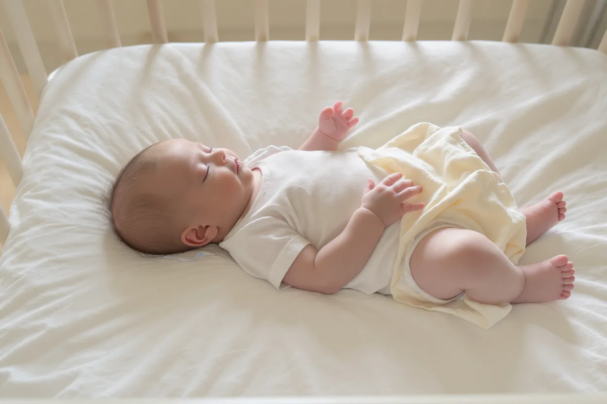 Bébé dormant sur le dos dans un lit à barreaux, sans gigoteuse, vêtu d’un body en coton clair, lumière naturelle du matin.