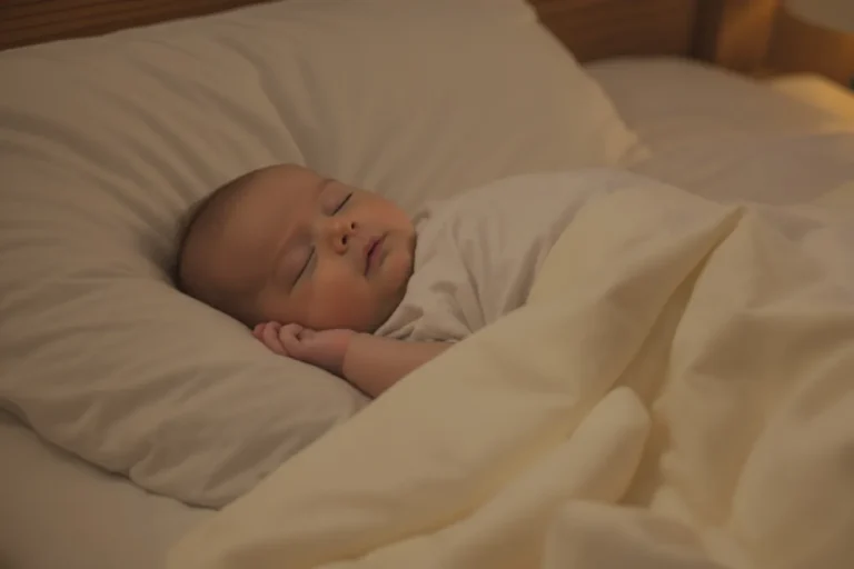 Bébé endormi paisiblement dans son lit sans gigoteuse, ambiance douce et rassurante.