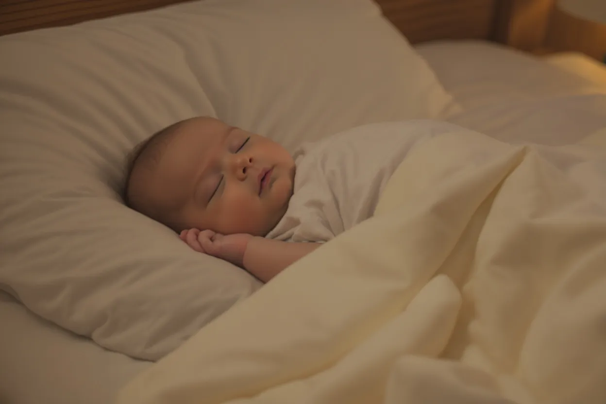 Bébé endormi paisiblement dans son lit sans gigoteuse, ambiance douce et rassurante.