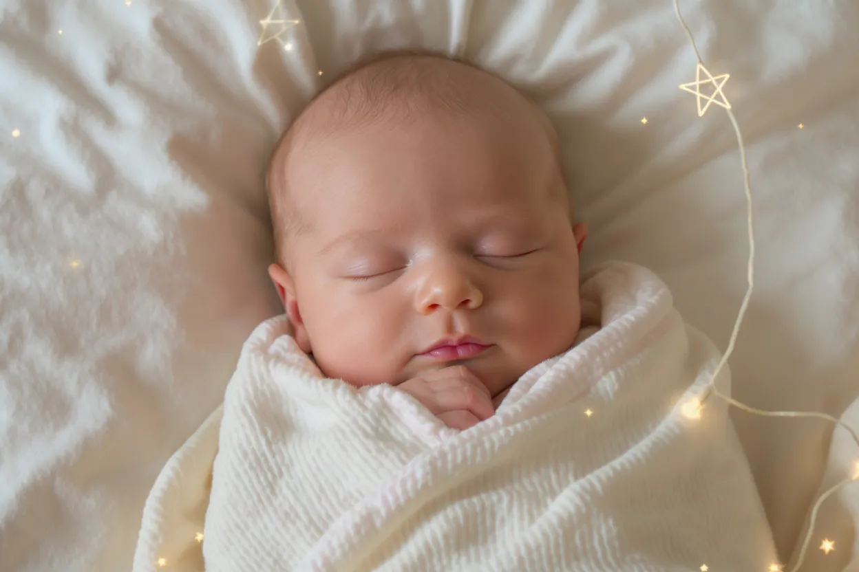 Bébé couvert d’une petite couverture légère, bien calée au niveau de la poitrine, décor cocooning, lumière tamisée.