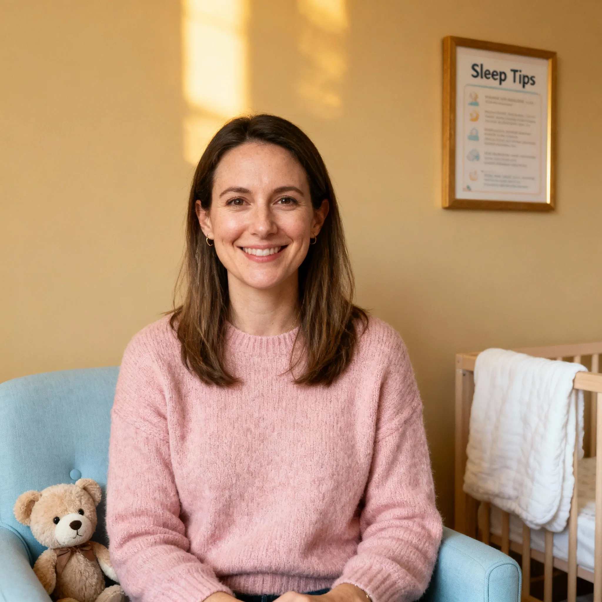 Conseillère en sommeil pour bébé souriante dans une chambre avec conseils affichés au mur
