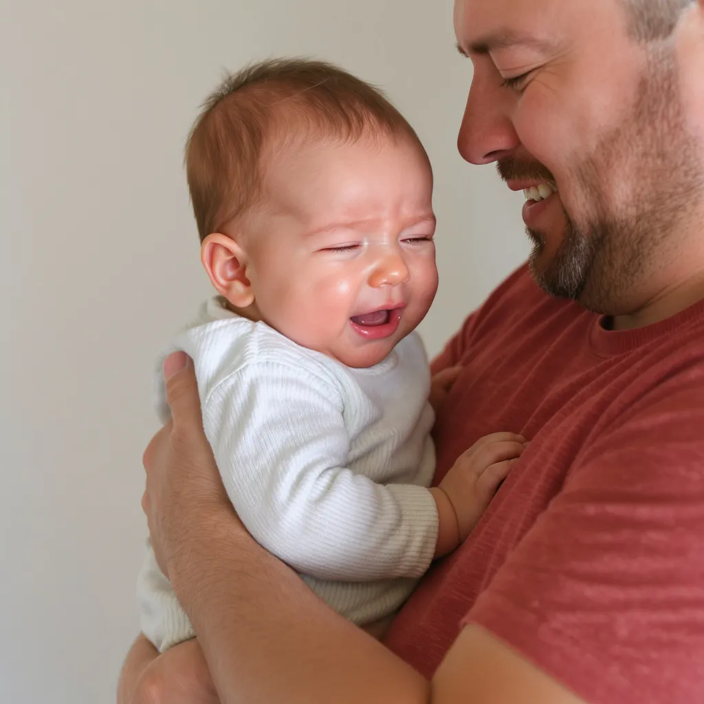 Papa qui prend son bébé dans ses bras pour le réconforter