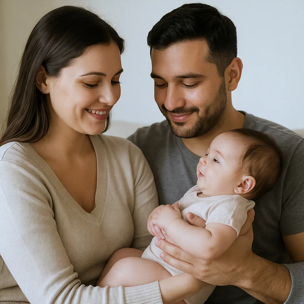 Bébé apaisé dans les bras de ses parents après avoir pleuré