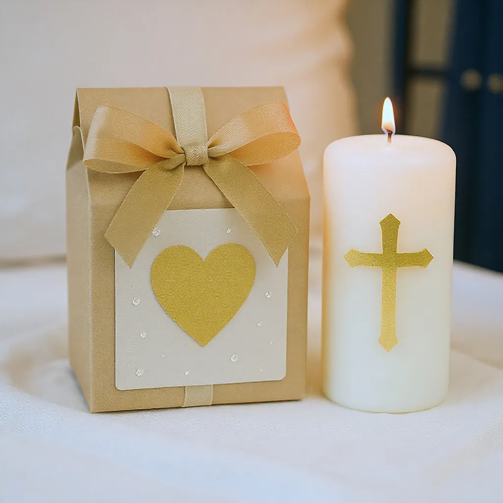 Cadeau symbolique posé à côté d’une bougie de baptême