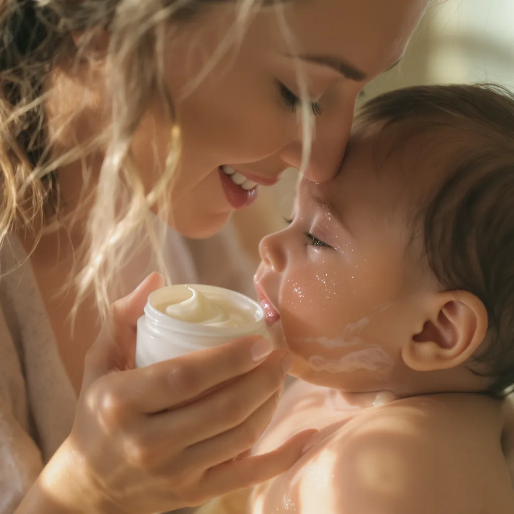 Un bébé emmitouflé après le bain pendant que sa maman applique une crème hydratante douce sur sa peau sensible