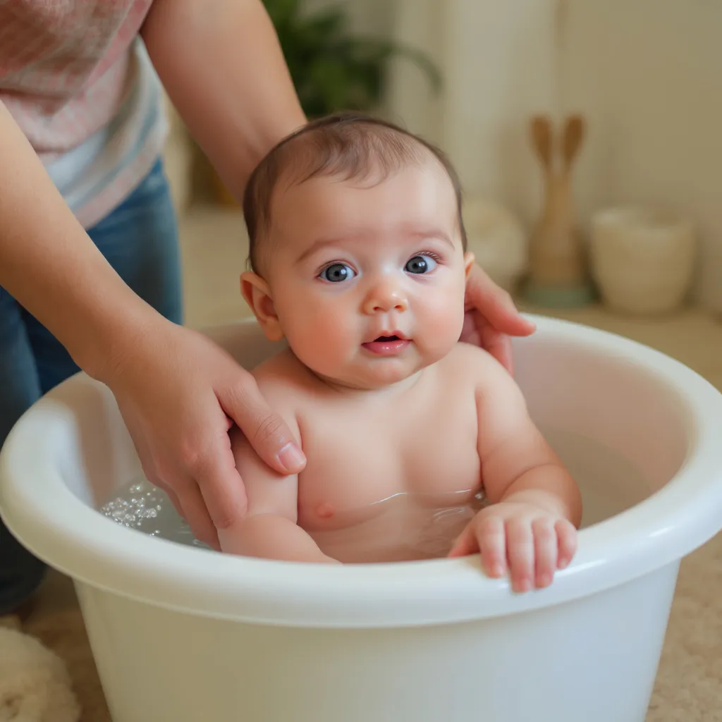 Un bébé détendu dans une baignoire d’appoint remplie d’eau tiède à 37 degrés, soutenu par le bras de son parent