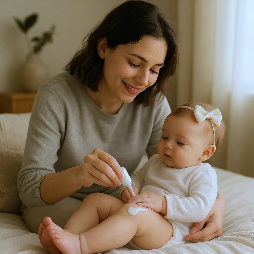 Maman applique une crème hydratante sur la peau sèche de son bébé après le bain.