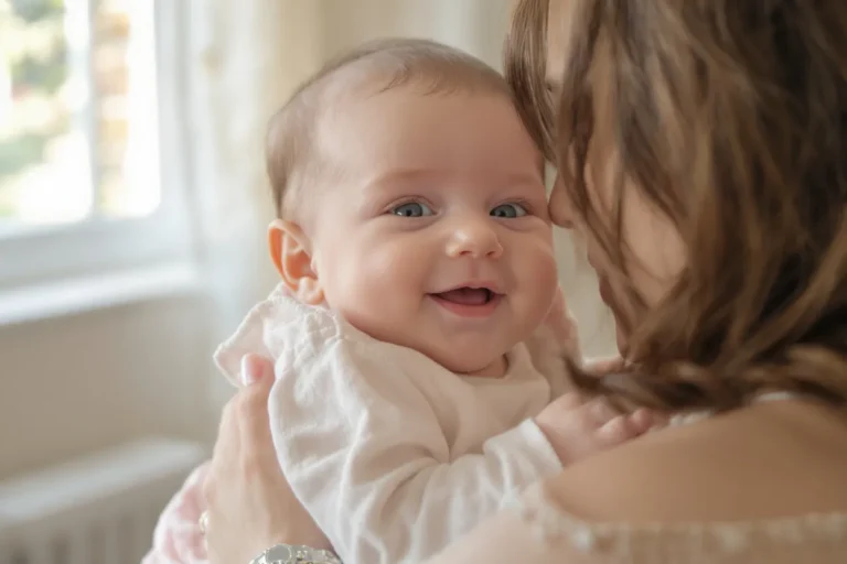 Bébé souriant dans les bras de sa maman, peau douce et protégée dans une ambiance cocooning.