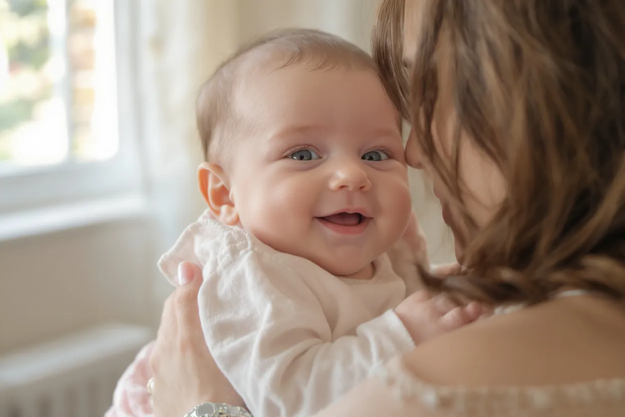 Bébé souriant dans les bras de sa maman, peau douce et protégée dans une ambiance cocooning.