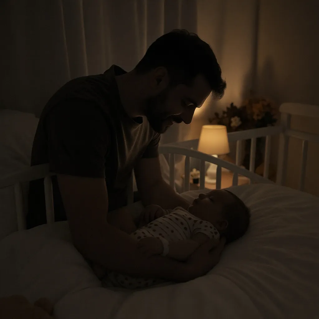 papa qui réconforte bébé la nuit dans une chambre calme rassurante 