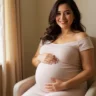 Femme enceinte souriante annonçant sa grossesse avec émotion et douceur